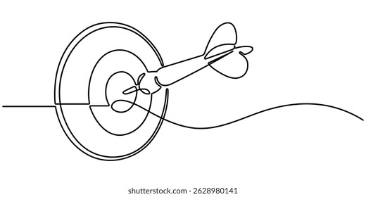 Alvo com uma seta que bate no centro, Desenho de linha única contínua de alvo de tiro com arco foi disparado com setas. Conceito de tiro com arco ou atingir o objetivo nos negócios. Ilustração de vetor.