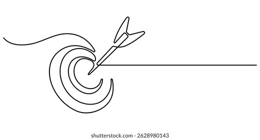 Alvo com uma seta que bate no centro, Desenho de linha única contínua de alvo de tiro com arco foi disparado com setas. Conceito de tiro com arco ou atingir o objetivo nos negócios. Ilustração de vetor.