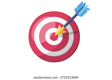 Meta con flecha golpeando el centro simbolizando el logro de la meta, el enfoque y el éxito. Ilustración vectorial plana aislada sobre fondo blanco.