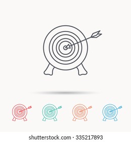 Target with arrow icon. Archery aiming sign. Professional shooter sport symbol. Linear icons on white background.
