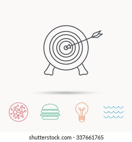 Target with arrow icon. Archery aiming sign. Professional shooter sport symbol. Global connect network, ocean wave and burger icons. Lightbulb lamp symbol.