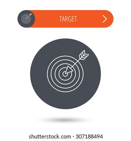 Target with arrow icon. Dart aim sign. Gray flat circle button. Orange button with arrow. Vector