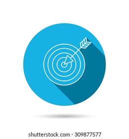 Target with arrow icon. Dart aim sign. Blue flat circle button with shadow. Vector