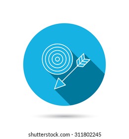 Target with arrow icon. Dart aim sign. Blue flat circle button with shadow. Vector