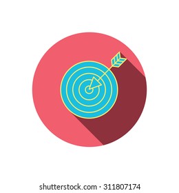 Target with arrow icon. Dart aim sign. Red flat circle button. Linear icon with shadow. Vector