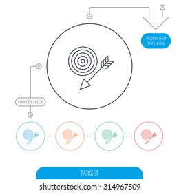 Target with arrow icon. Dart aim sign. Line circle buttons. Download arrow symbol. Vector