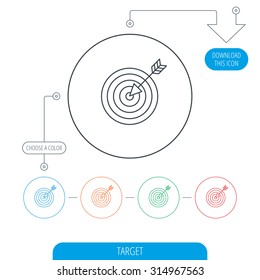 Target with arrow icon. Dart aim sign. Line circle buttons. Download arrow symbol. Vector