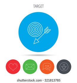 Target with arrow icon. Dart aim sign. Mail, download and speech bubble buttons. Like symbol. Vector