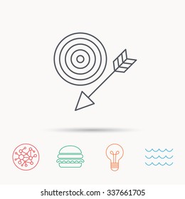 Target with arrow icon. Dart aim sign. Global connect network, ocean wave and burger icons. Lightbulb lamp symbol.
