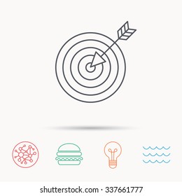Target with arrow icon. Dart aim sign. Global connect network, ocean wave and burger icons. Lightbulb lamp symbol.