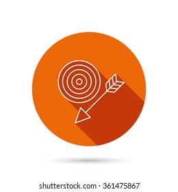 Target with arrow icon. Dart aim sign. Round orange web button with shadow.