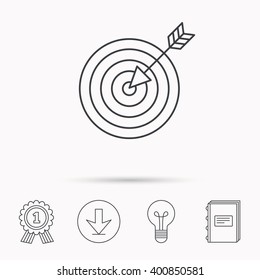 Target with arrow icon. Dart aim sign. Download arrow, lamp, learn book and award medal icons.