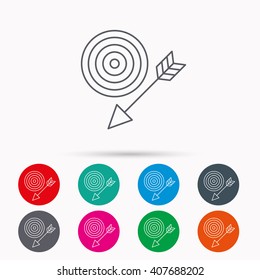 Target with arrow icon. Dart aim sign. Linear icons in circles on white background.