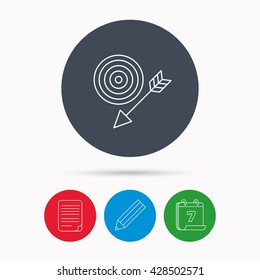Target with arrow icon. Dart aim sign. Calendar, pencil or edit and document file signs. Vector