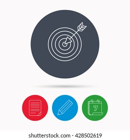 Target with arrow icon. Dart aim sign. Calendar, pencil or edit and document file signs. Vector