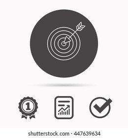 Target with arrow icon. Dart aim sign. Report document, winner award and tick. Round circle button with icon. Vector
