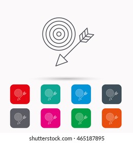 Target with arrow icon. Dart aim sign. Linear icons in squares on white background. Flat web symbols. Vector
