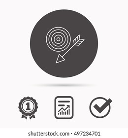 Target with arrow icon. Dart aim sign. Report document, winner award and tick. Round circle button with icon. Vector