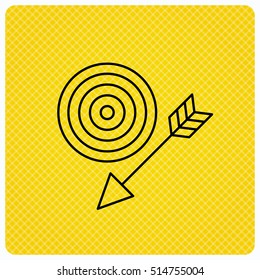 Target with arrow icon. Dart aim sign. Linear icon on orange background. Vector