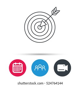 Target with arrow icon. Dart aim sign. Group of people, video cam and calendar icons. Vector