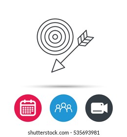Target with arrow icon. Dart aim sign. Group of people, video cam and calendar icons. Vector