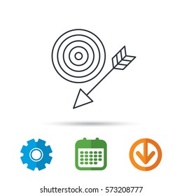 Target with arrow icon. Dart aim sign. Calendar, cogwheel and download arrow signs. Colored flat web icons. Vector