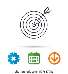Target with arrow icon. Dart aim sign. Calendar, cogwheel and download arrow signs. Colored flat web icons. Vector