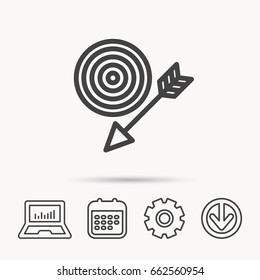Target with arrow icon. Dart aim sign. Notebook, Calendar and Cogwheel signs. Download arrow web icon. Vector