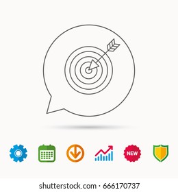 Target with arrow icon. Dart aim sign. Calendar, Graph chart and Cogwheel signs. Download and Shield web icons. Vector