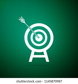 Target with arrow icon isolated on green background. Dart board sign. Archery board icon. Dartboard sign. Business goal concept. Flat design. Vector Illustration