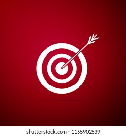 Target with arrow icon isolated on red background. Dart board sign. Archery board icon. Dartboard sign. Business goal concept. Flat design. Vector Illustration