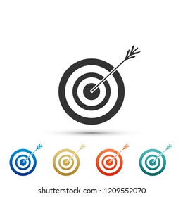 Target with arrow icon isolated on white background. Dart board sign. Archery board icon. Dartboard sign. Business goal concept. Set elements in colored icons. Flat design. Vector Illustration