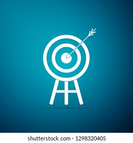 Target with arrow icon isolated on blue background. Dart board sign. Archery board icon. Dartboard sign. Business goal concept. Flat design. Vector Illustration