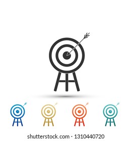 Target with arrow icon isolated on white background. Dart board sign. Archery board icon. Dartboard sign. Business goal concept. Set elements in color icons. Vector Illustration