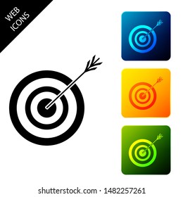 Target with arrow icon isolated on white background. Dart board sign. Archery board icon. Dartboard sign. Business goal concept. Set icons colorful square buttons. Vector Illustration
