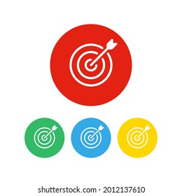 Target with arrow icon on white background. Set of 4 icons with colorful circles and white background. Simple delivery box icon concept.