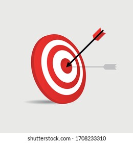 Target and arrow icon. Red round dart board with arrow flying to bullseye. Vector illustration.