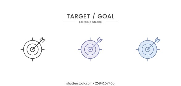 Target with arrow icon set. Line and glyph aim dart board. Target with arrow