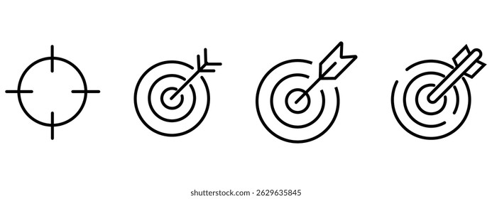 Destino con conjunto de iconos de flecha. Colección de iconos de contorno de destino de éxito. Símbolo de estrategia de éxito. Icono de la meta aislado en el fondo blanco. Ilustración vectorial.