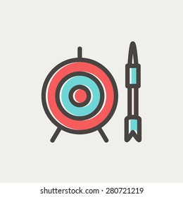Target and arrow icon thin line for web and mobile, modern minimalistic flat design. Vector icon with dark grey outline and offset colour on light grey background.