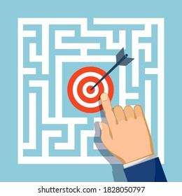 Target with an arrow inside the maze. Business success. Vector illustration