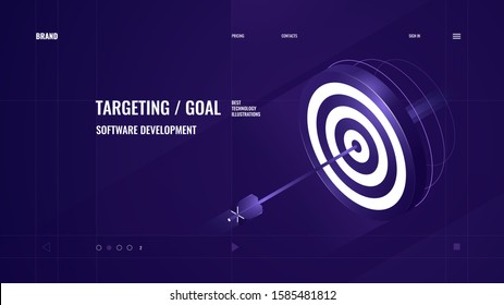 Target with arrow, isometric business success icon, and goal setting concept, achievement concept vector illustration, neon web site banner