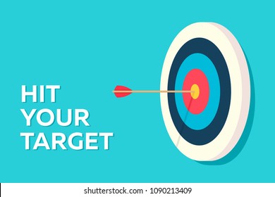 Target with arrow isometric illustration with text "Hit your target". 
Vector illustration.