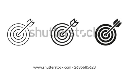 Target With Arrow Line And Solid Icon Set. Precision, Accuracy, And Goal Achievement Symbol Collection. Business Success And Strategic Planning Representation. Isolated Vector Illustration.