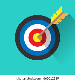 Target with an arrow long shadow flat icon isolated on white background. Vector illustration. Eps 10.
