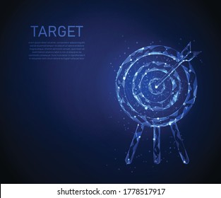 target with arrow low poly line wireframe on blue background. business goal concept. get into the bullseye. vector illustration in flat style modern design. 