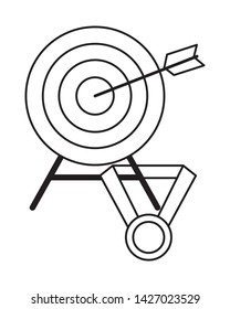 target with arrow in the middle and medal with ribbon icon cartoon in black and white vector illustration graphic design