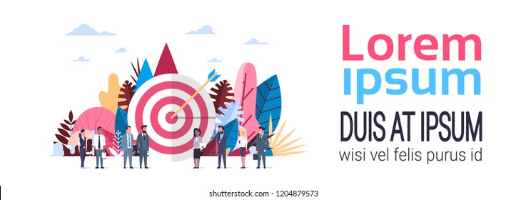 target with arrow mix race business people working together hand hold clipboard , successful concept over flat banner copy space vector illustration