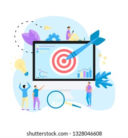 Target with an arrow on desktop, hit the target, goal achievement. Business concept vector illustration