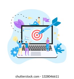 Target with an arrow on laptop, hit the target, goal achievement. Business concept vector illustration